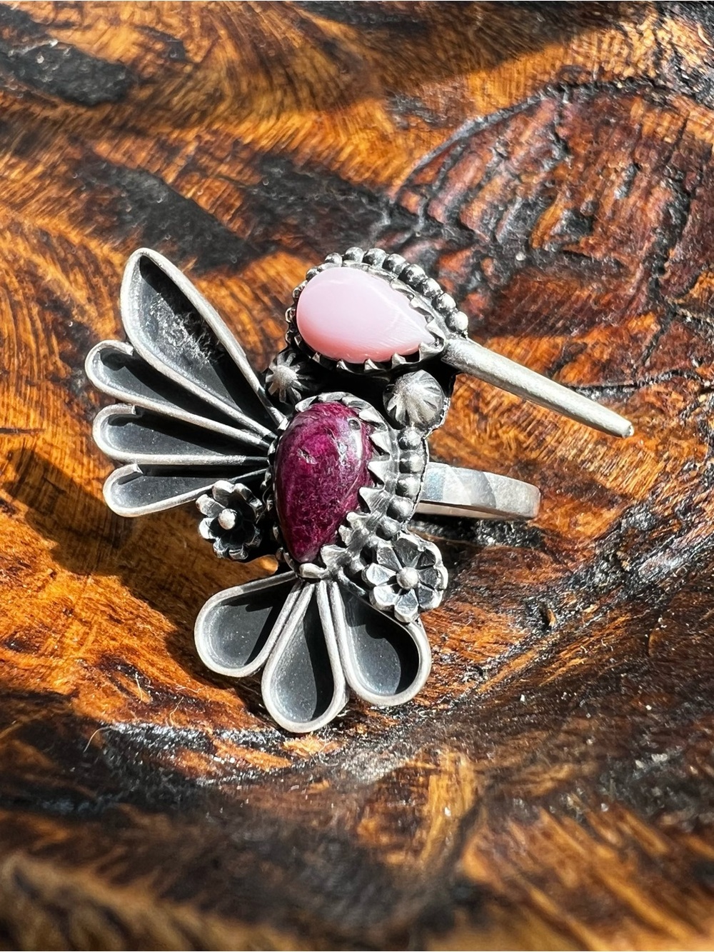 Sterling Silver Queen Conch Purple Spiny Oyster Hummingbird Ring Adjustable - Picture 4 of 9